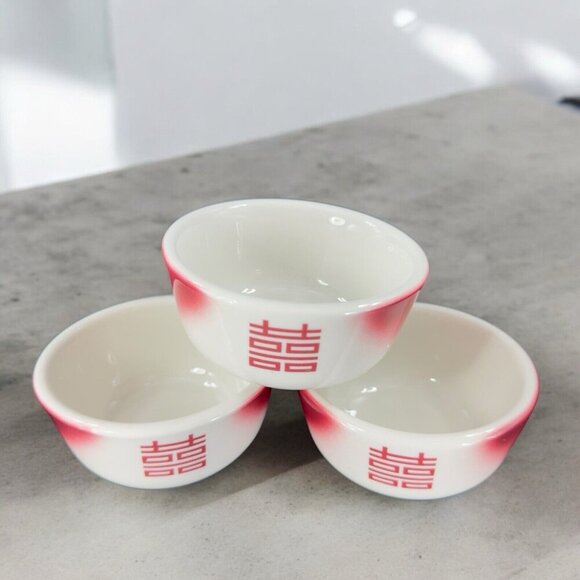 Jackson Custom China Restaurant Ware MCM Heavy Pottery Dish Bowl Set 3 Red White - Picture 2 of 16